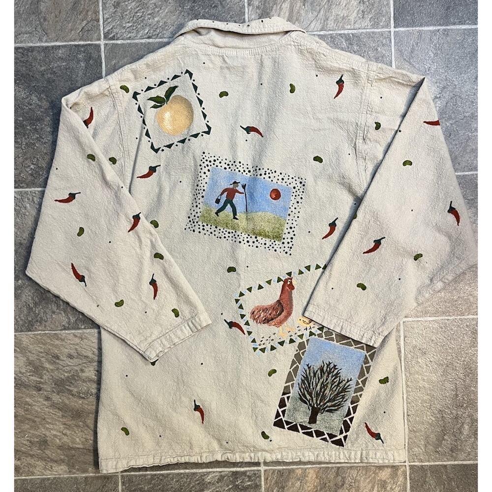 Brie Kriebel Hand Painted Jacket Women XS Folk Art Farm Chicken USA Cotton Veg